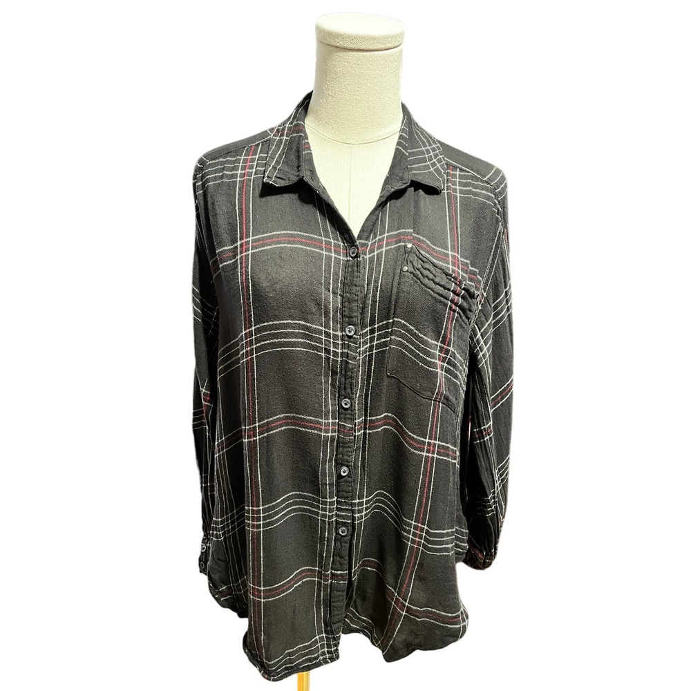 Nine West Button Plaid Down Shirt Black Red White Plaid Lightweight Size Medium